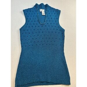 Cache‎ Women's Aqua Beaded Tank Top Size Large Cotton Metallic Blend